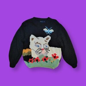 80s Vintage Kittens Fuzzy Cat Sweater Made in USA Whimsical Cozy Knit Large